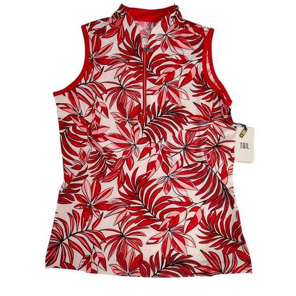 Tail Tops - Sleeveless Red & White Summer Leaves Golf Top By Tail With UPF 50 Protection  S